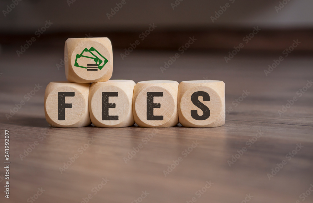 Cubes dice with fees on wooden background - obrazy, fototapety, plakaty 