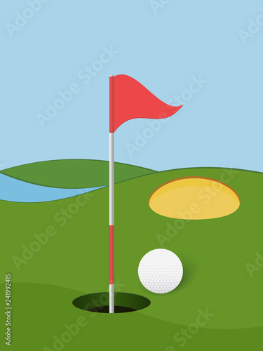 Golf background. Golf course with hole, ball and flag.