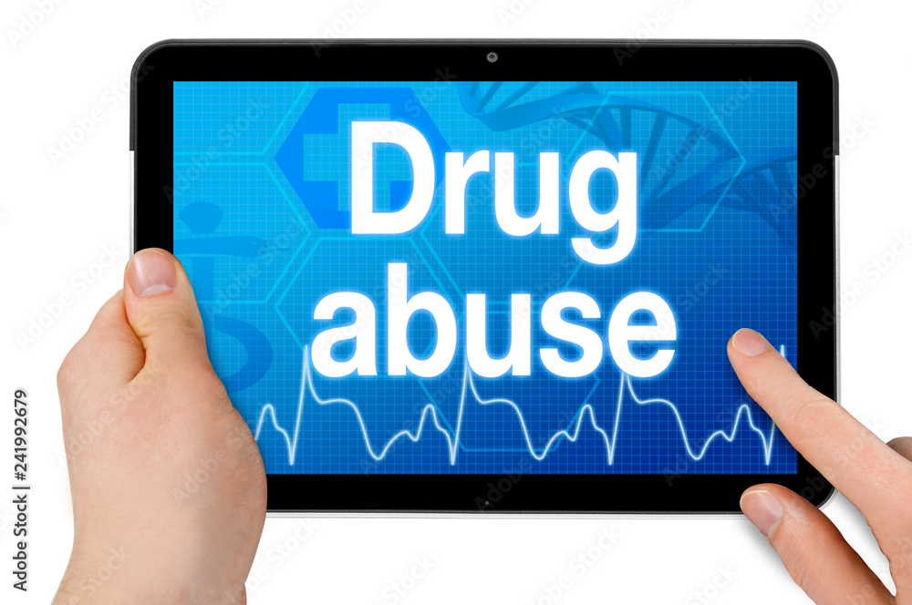 Tablet computer isolated on white background with drug abuse