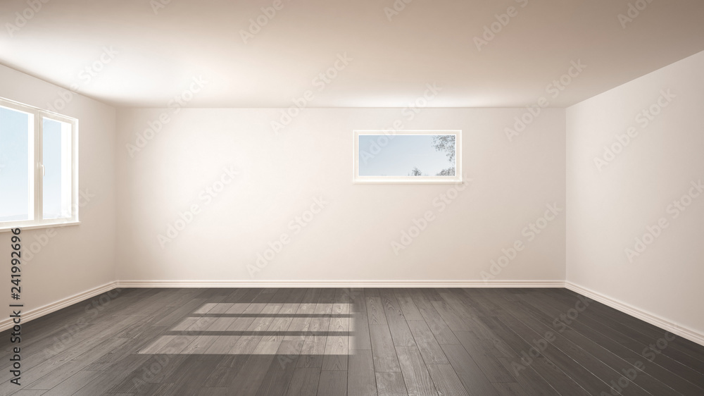 Fototapeta premium Empty room interior design, open space with two panoramic windows, modern style, parquet wooden floor, minimalist contemporary architecture