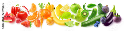 Fototapeta Naklejka Na Ścianę i Meble -  Isolated fruits in a line. Rainbow made of fresh fruits and vegetables isolated on white background with clipping path