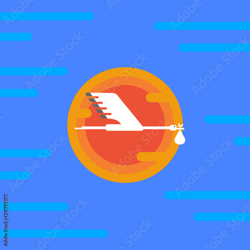 Stork flying in the sunset. The stork carries the baby. Vector illustration