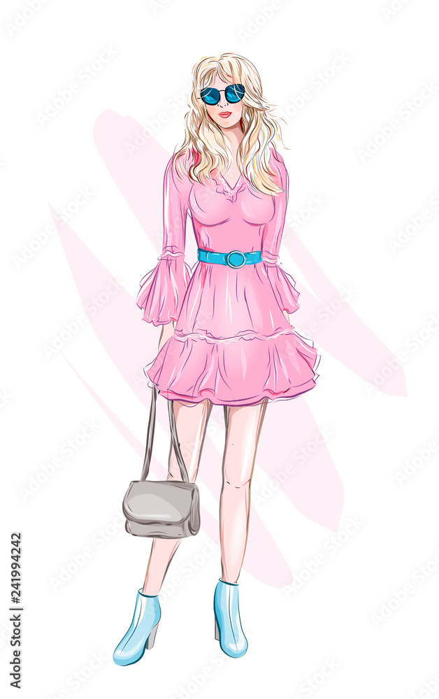 Hand drawn beautiful young woman with handbag. Fashion woman. Stylish cute girl in sunglasses. Sketch. Fashion illustration. Girl in pink dress. Hand drawn beautiful young woman with handbag. Fashion woman. Stylish cute girl in sunglasses. Sketch. Fashion illustration. Girl in pink dress.