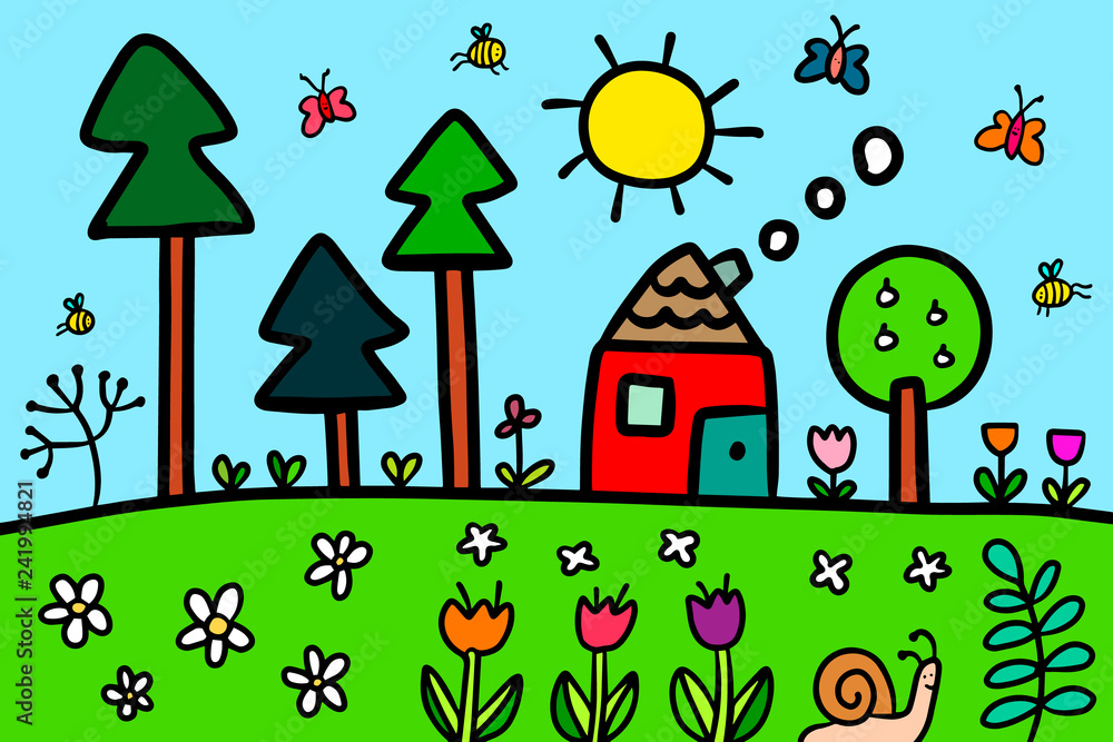 Summer sunny day hand drawn illustration with colorful season elements Summer sunny day hand drawn illustration with colorful season elements