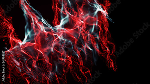 Futuristic dots pattern. Explosion of twisted waves on a dark background. Dynamic particles sound wave flowing over dark. Big data. 3d rendering.