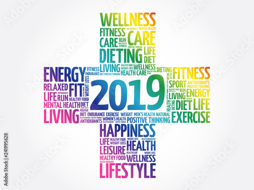 2019 Goals Health word cloud, health cross concept