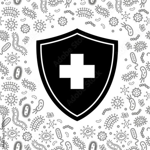 black and white hygienic shield protecting from virus, germs and bacteria. Flat style vector illustration. 
