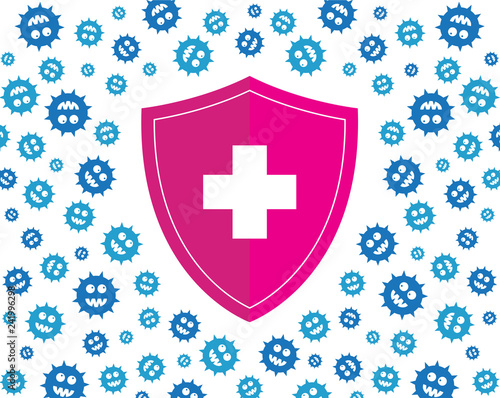 hygienic pink shield protecting from blue virus, germs and bacteria. Flat style vector illustration. 
