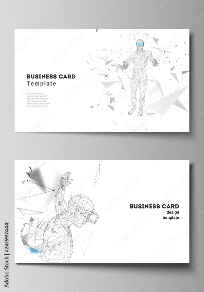 The minimalistic abstract vector illustration of the editable layout of two creative business cards design templates. Man with glasses of virtual reality. Abstract vr, future technology concept.