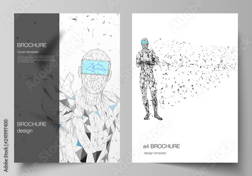 The vector layout of A4 format modern cover mockups design templates for brochure, magazine, flyer, booklet, annual report. Man with glasses of virtual reality. Abstract vr, future technology concept.