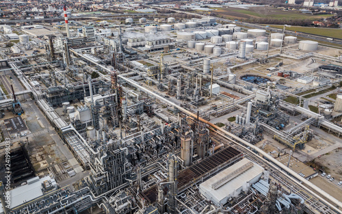Aerial drone view of huge oil refinery