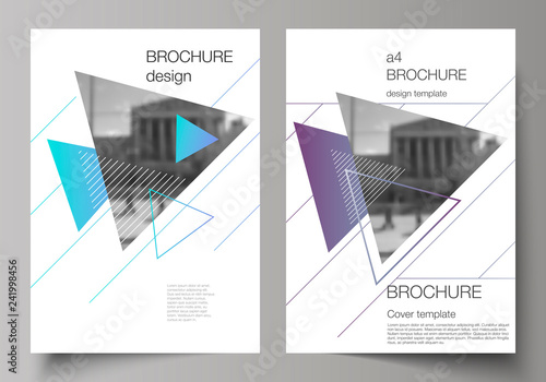 The vector layout of A4 format modern cover mockups design templates for brochure, magazine, flyer, booklet, annual report. Colorful polygonal background with triangles with modern memphis pattern.