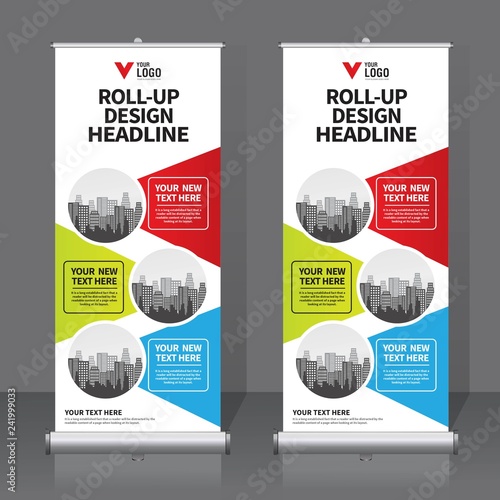 Roll up banner design template, vertical, abstract background, pull up design, modern x-banner, rectangle size. 