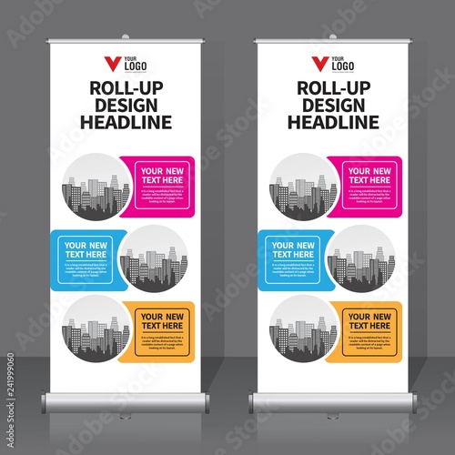 Roll up banner design template, vertical, abstract background, pull up design, modern x-banner, rectangle size. 