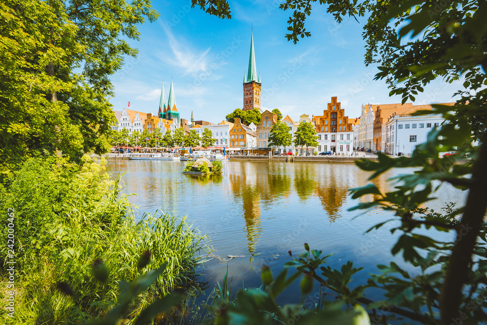 Historic city of Lübeck with Trave river in summer, Schleswig-Holstein, Germany