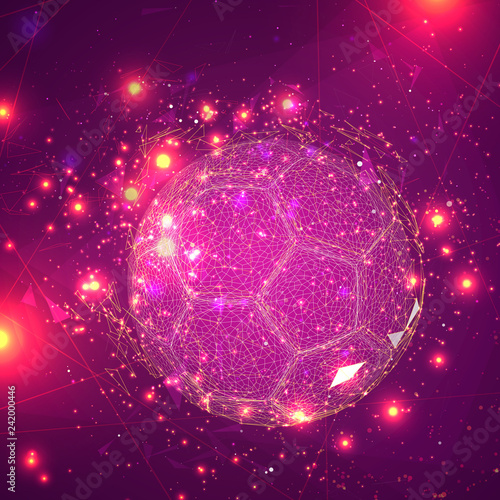 soccer ball in a modern abstract style. breaks up and flies crashing the background.