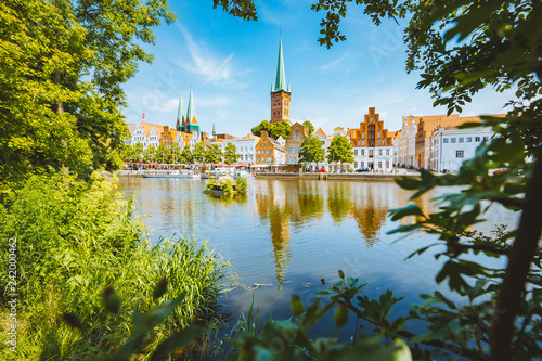 Historic city of Lübeck with Trave river in summer, Schleswig-Holstein, Germany