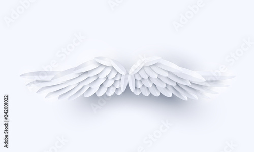 Vector 3d white realistic layered paper cut angel wings isolated on white background