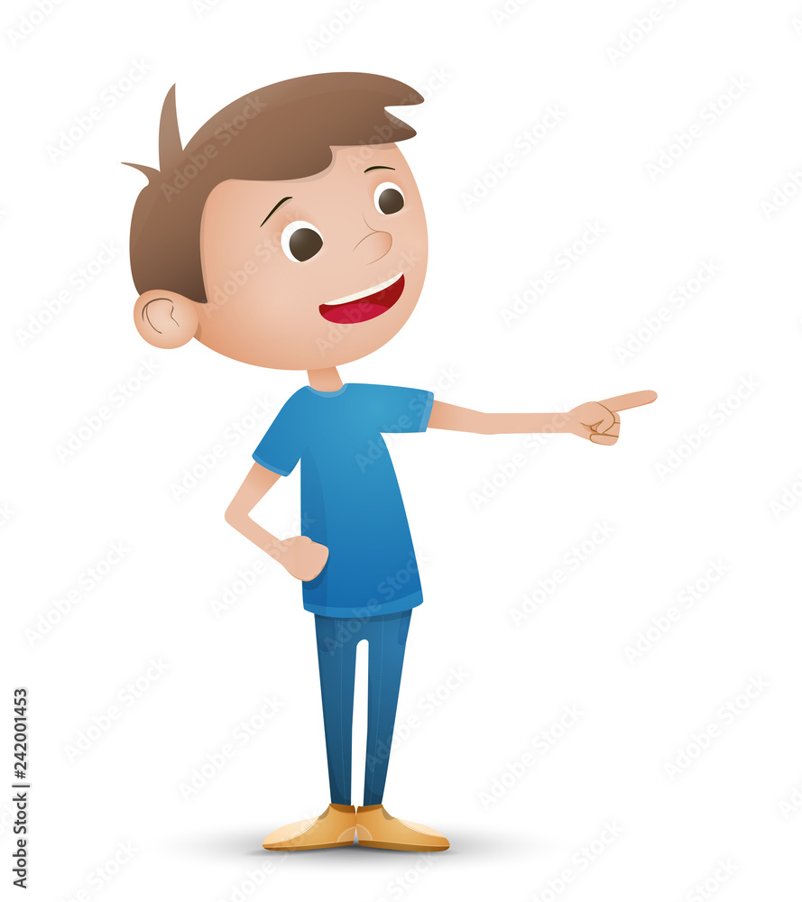 young boy stands isolated on white background and points to the side. young boy stands isolated on white background and points to the side.