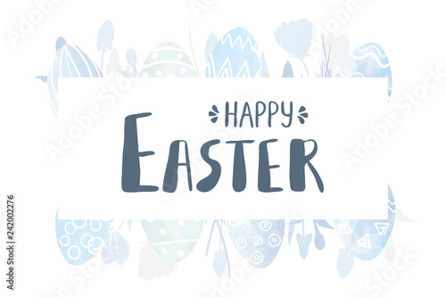 Hand drawn watercolor easter eggs, flowers and lettering universal, classic design isolated