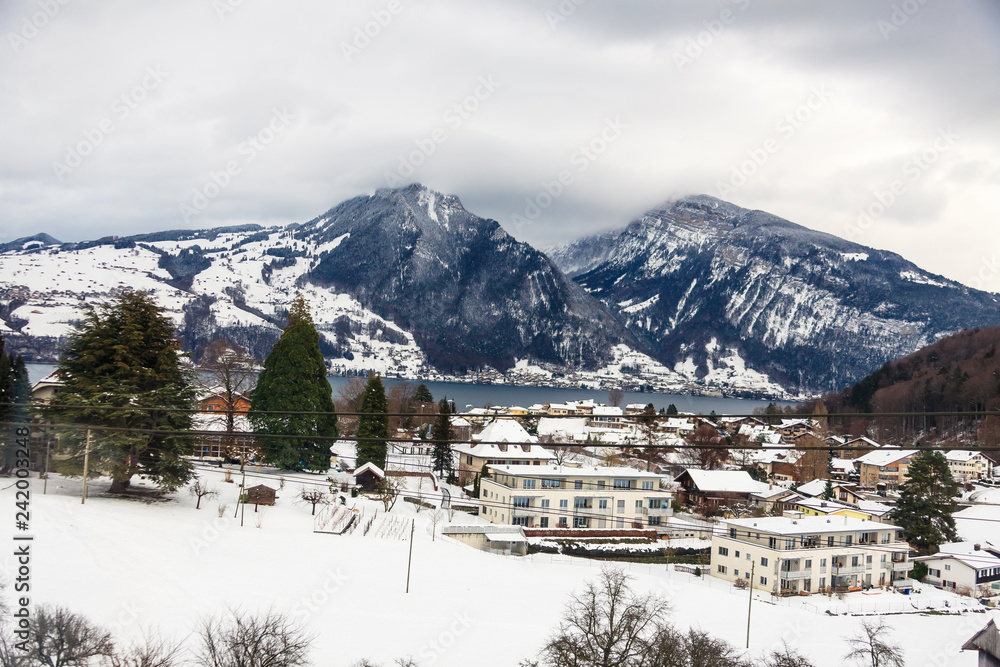 a cold, snowy village in Switzerland