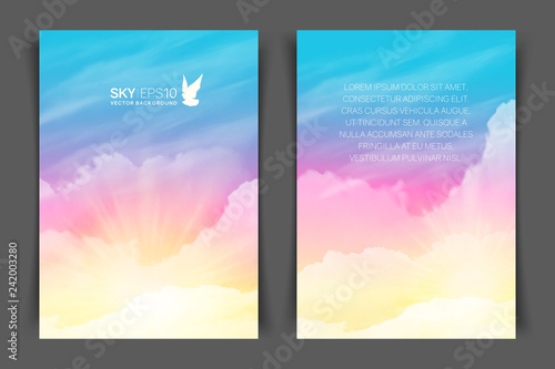 Two-sided vertical flyer of a4 format with realistic pink-blue sky and cumulus clouds. The image can be used to design a banner, flyer and postcard.