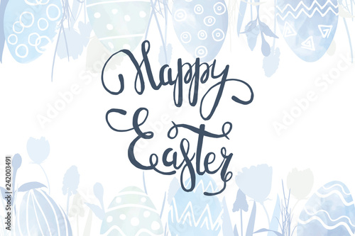 Hand drawn watercolor easter eggs with flowers and lettering cards, universal, classic design