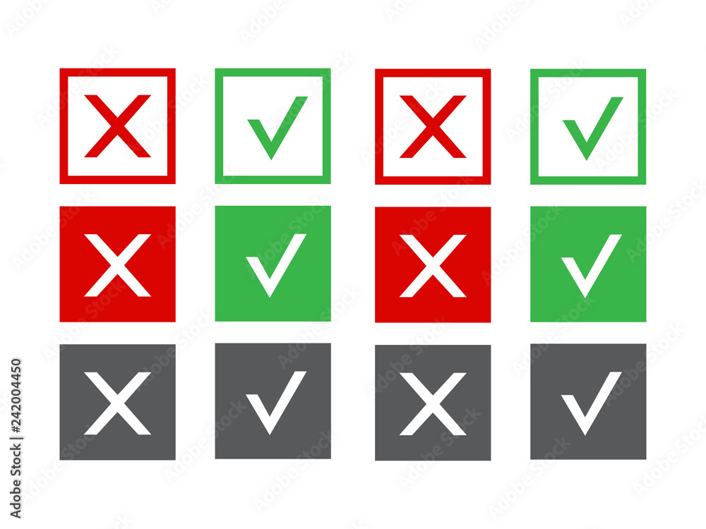 Yes and no accept. Approve sign. Check and choice icons