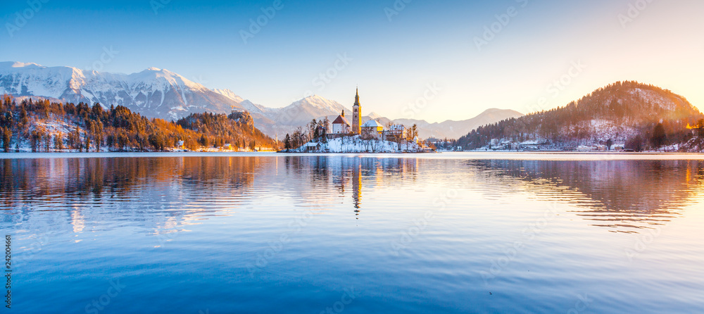 Lake Bled with Bled Island and Castle at sunrise in winter, Slovenia