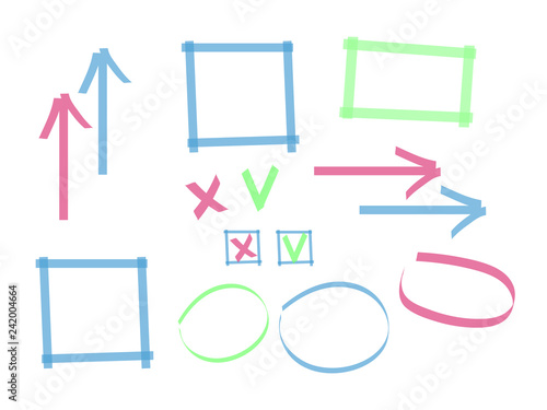 Highlighter marks, stripes, strokes, frames, speech bubbles, crosses, ticks and arrows vector set. Elements drawn with colored marker