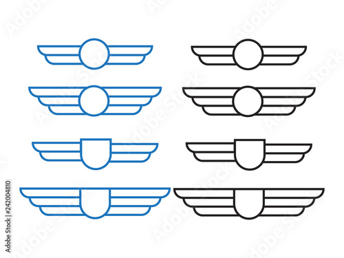 Wing army emblems. Aviation badges, pilot labels vector icons