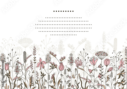 Card with cute contour hand-drawn pink and brown flowers, plants, leaves, buds and herbage. Vector background.