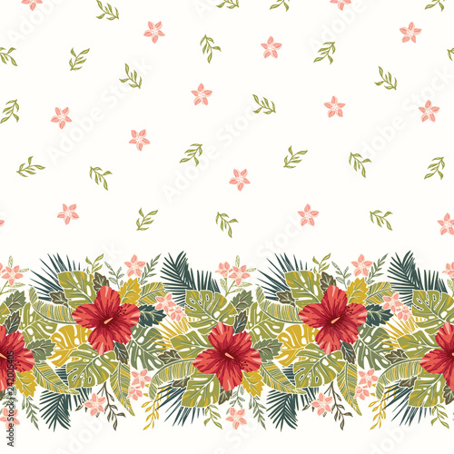 Retro Bold Colorful Tropical Exotic Foliage, Hibiscus Floral Horizontal Vector Seamless Border and Pattern.