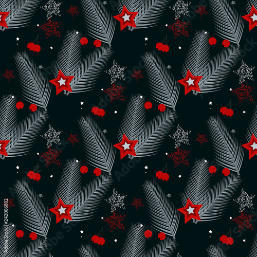 Winter holiday seamless pattern on black. Festive Christmas symbols wallpaper. Christmas tree, stars, balls, snowflakes repeating decor isolated eps10
