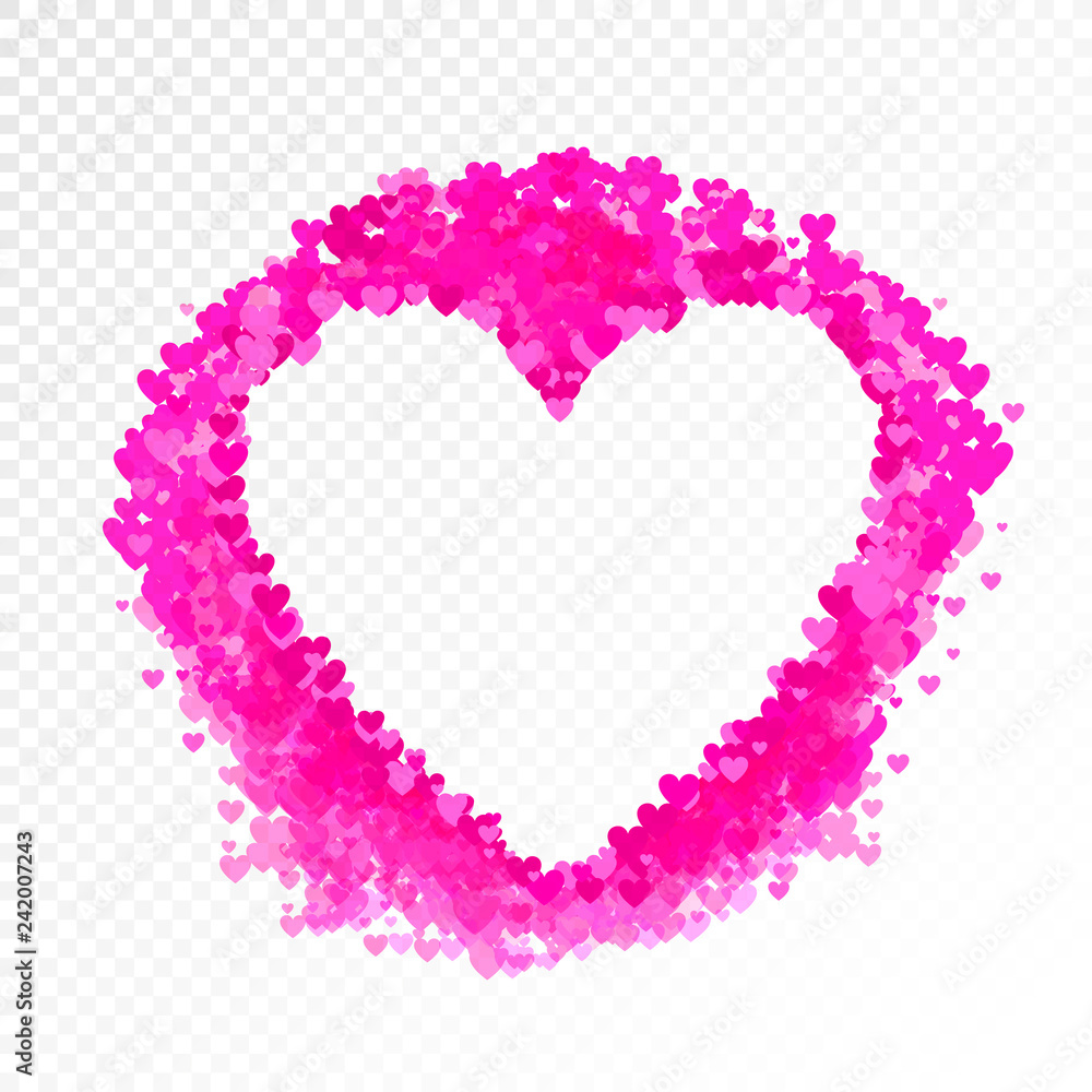 Vector Blank Frame, Pink Hearts Confetti Explosion, Heart Shape Border, Paper Pieces, Wedding Illustration.