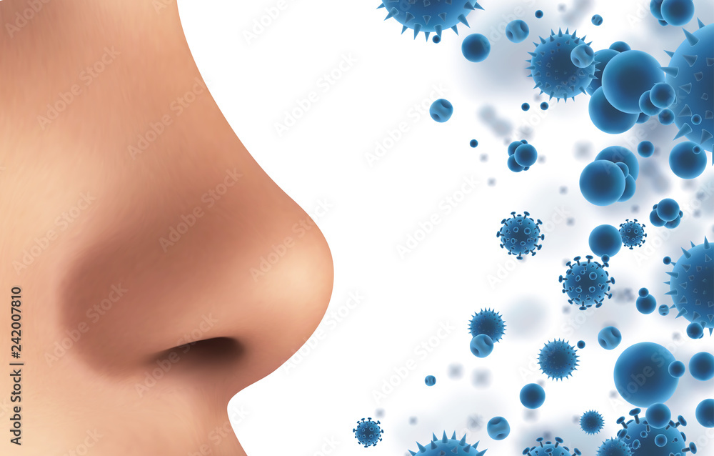 vector banner. nose and particles, bacteria, viruses. protection against allergies and diseases - obrazy, fototapety, plakaty 