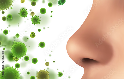 vector banner. nose and particles, bacteria, viruses. protection against allergies and diseases