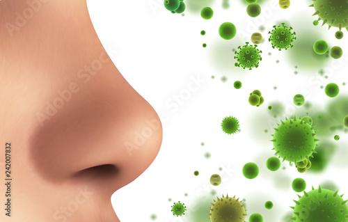 vector banner. nose and particles, bacteria, viruses. protection against allergies and diseases