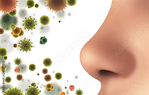 vector banner. nose and particles, bacteria, viruses. protection against allergies and diseases