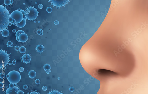 vector banner. nose and particles, bacteria, viruses. protection against allergies and diseases