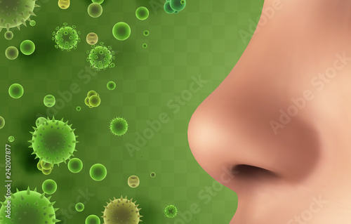 vector banner. nose and particles, bacteria, viruses. protection against allergies and diseases