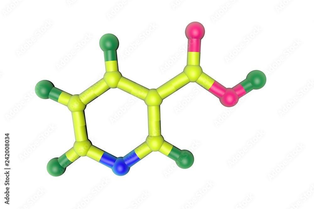 Molecular model of niacin, vitamin B3. Dietary supplements. Medical background. Scientific background. 3d illustration Molecular model of niacin, vitamin B3. Dietary supplements. Medical background. Scientific background. 3d illustration