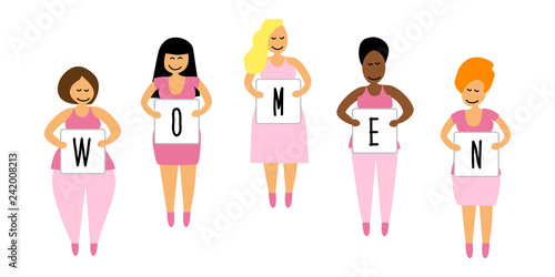 Cute cartoon characters of diverse international and interracial group of happy women