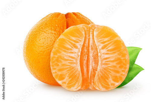 Isolated citrus fruit. Whole tangerine  mandarin  with leaves and segments isolated on white background with clipping path