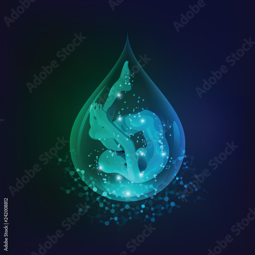 concept of cloning genetics or biotechnology, realistic water drop with human inside
