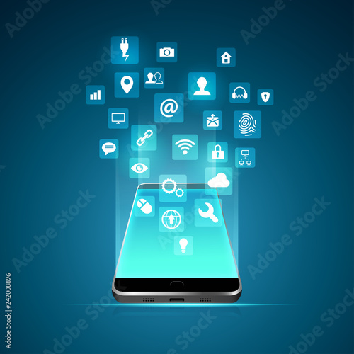 concept of mobile application technology, graphic of realistic cellphone with technology icons