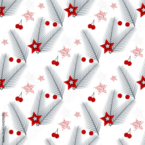 Winter holiday seamless pattern. Festive Christmas symbols wallpaper. Christmas tree, stars, balls, snowflakes repeating decor isolated eps10