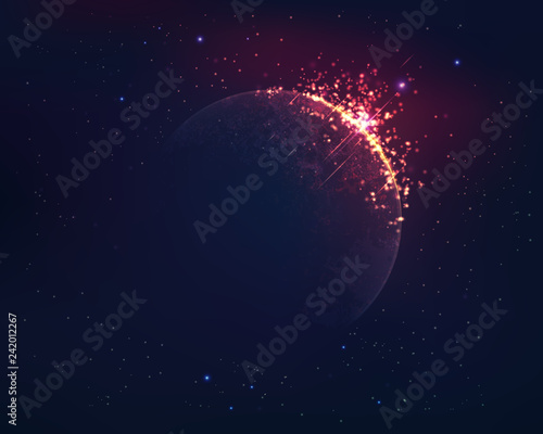 realistic planet with fire effect and outer space background