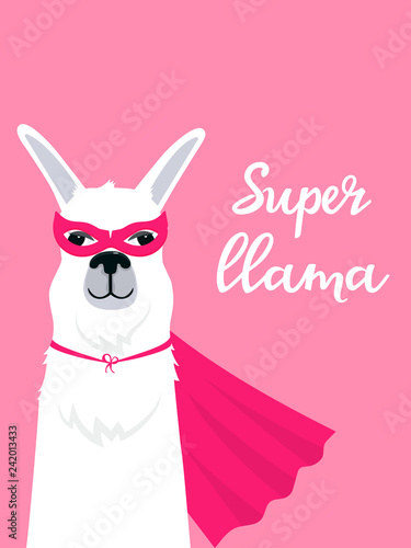 Lama in super hero costume vertical banner with hand drawn lettering.