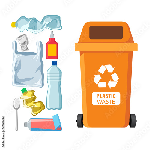 Rubbish bin for recycling different types of waste. Garbage container for plastic trash. Vector illustration
